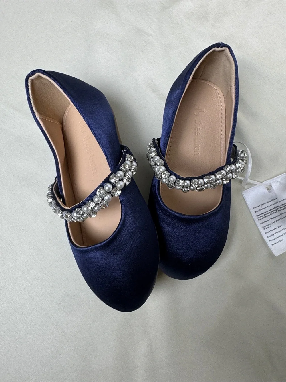 Girls' Navy Satin Mary Jane Dress Shoes with Pearl & Rhinestone Strap